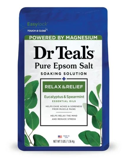 DR teal’s pure Epsom salt soaking solution and relax relief, eucalyptus & spearmint